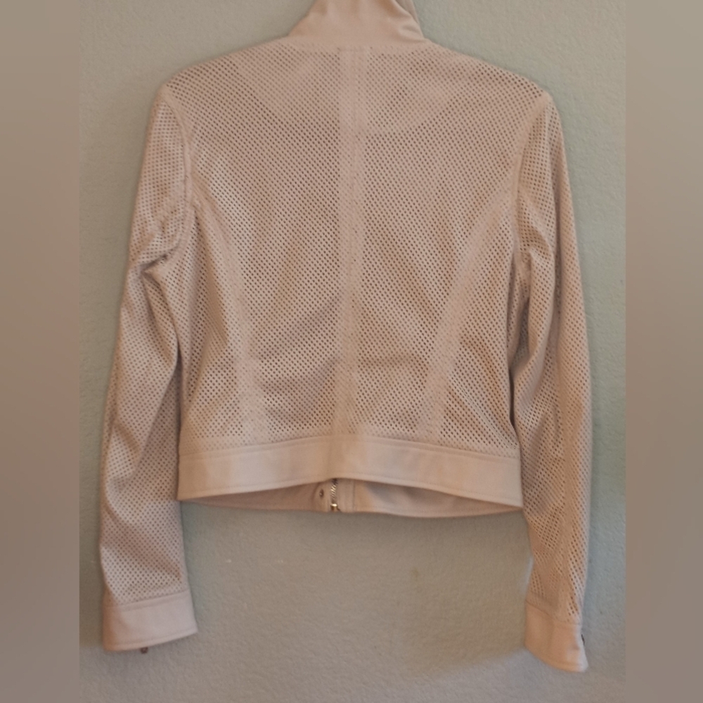 BLANK NYC Anthropologie Cream Laser Cut Faux Leather Boho Moto Bikercore Jacket - Picture 8 of 11